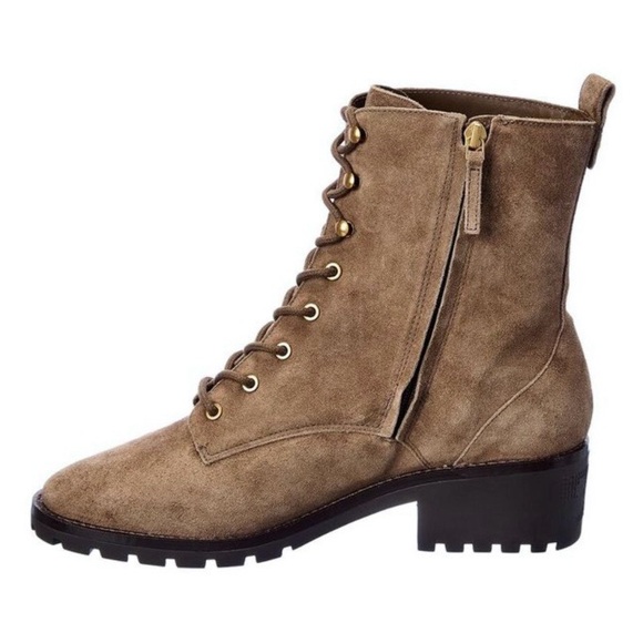 Tory Burch Suede Combat Lug Sole Lace Up Boots Nat River Rock Brown 85071 Gold - Picture 2 of 12